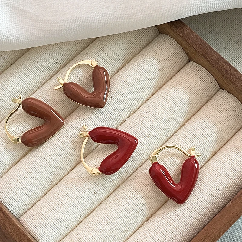 Pendientes románticos franceses con forma de corazón para mujer, aretes de esmalte rojo vino, joyería de moda, accesorios de gota de oreja de