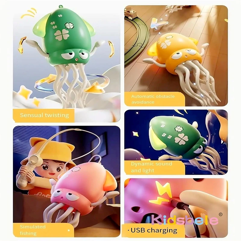 Juguete mágico loco de pulpo bailando de 8 patas, calamar para evitar obstáculos automático, calamar para gatear con luces y música, regalo para fiesta de niños y tiempo de barriga