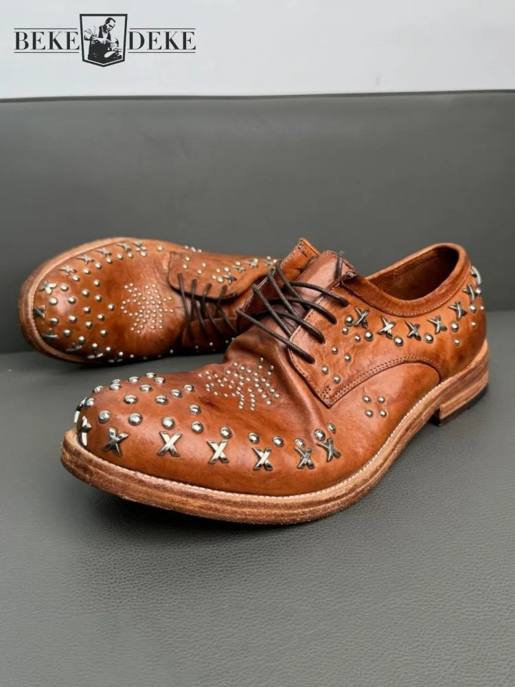 

Men Handmade Genuine Leather Derby Shoes Lace Up Personality Punk Rivets High Quality Vintage Horsehide Runway Dress Shoes Male