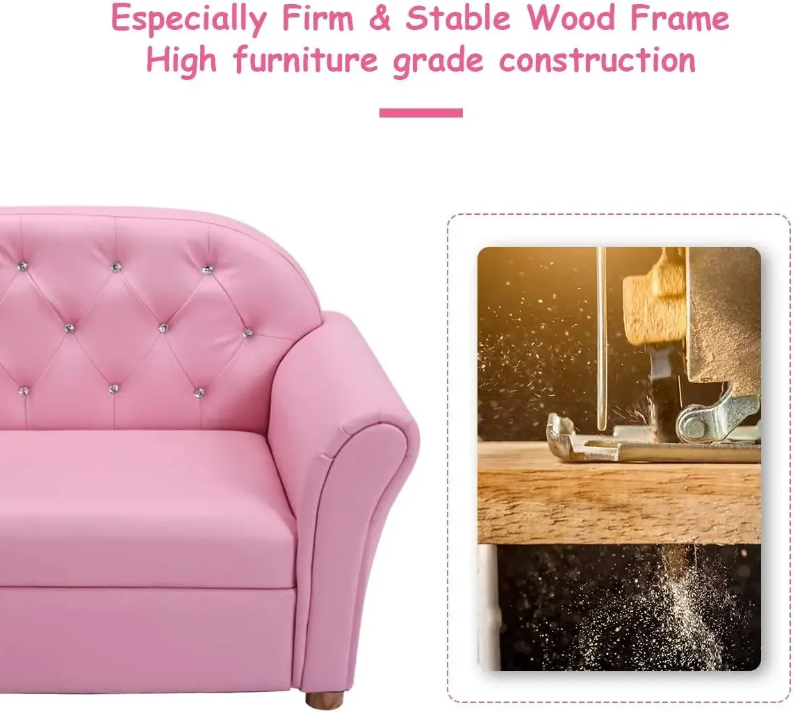 キッズソファ、2 in 1 プリンセスダブルシート子供用ソファ、PUレザー表面付き、寝室用幼児アームレストチェア、キッズRo