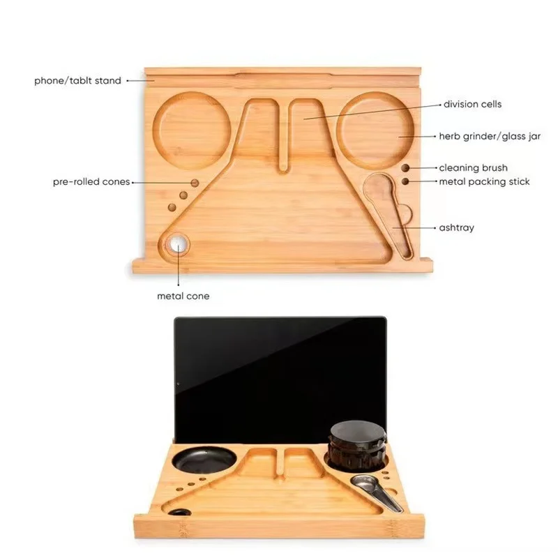 Large Bamboo Wooden Stash Box with Rolling Tray, Weed Tray Kit with Removable Divider, Wood Storage Set, Smoking Accessories