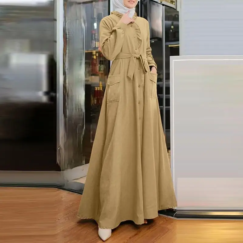 

Women's Muslim style Arabic style temperament solid color lace stand-up collar long sleeves straps waist and thin ankle skirt