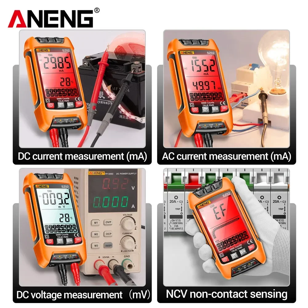 Aneng SZ02มัลติมิเตอร์แบบดิจิทัลอัจฉริยะ9999เครื่องนับ TRMS, เครื่องวัดความจุไฟฟ้าอัตโนมัติเครื่องทดสอบทรานซิสเตอร์ต้านทานอุณหภูมิ
