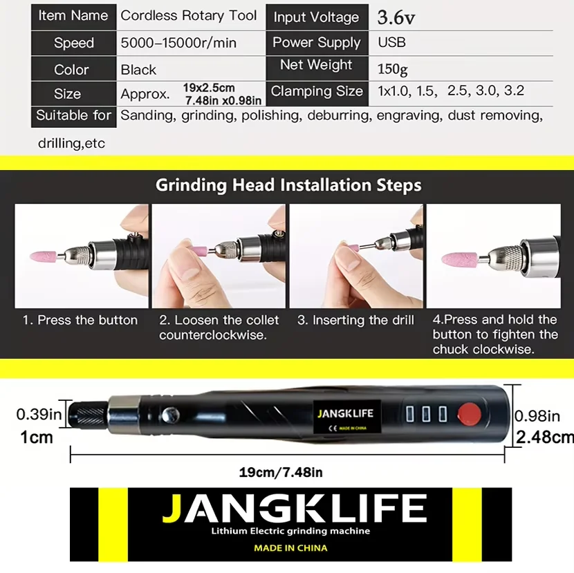 JANGKLIFE USB مجموعة أدوات دوارة لاسلكية النجارة النقش القلم DIY للمجوهرات المعادن الزجاج مثقاب لاسلكي صغير #4