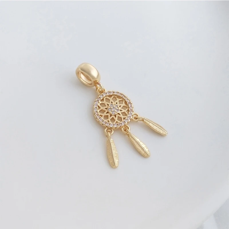 2PCS 11x33mm 14K Gold Plated Inlaid Zircon Dream Catcher Necklace Pendant, Jewelry Making Supplies Diy Accessories