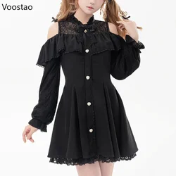 Japanese Style Gothic Lolita Dress Women Elegant Sweet Bow Off Shoulder Lace Long Sleeve Princess Dress Harajuku Y2k Party Dress