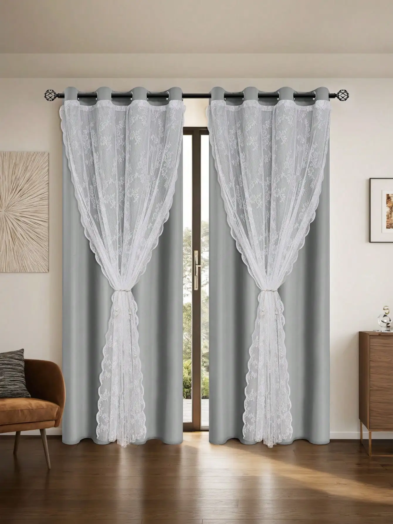 1pc Modern Solid Color Double Layer Curtains with Tie Rope, Full Blackout Perforated Curtains, Suitable for A Variety of Rooms