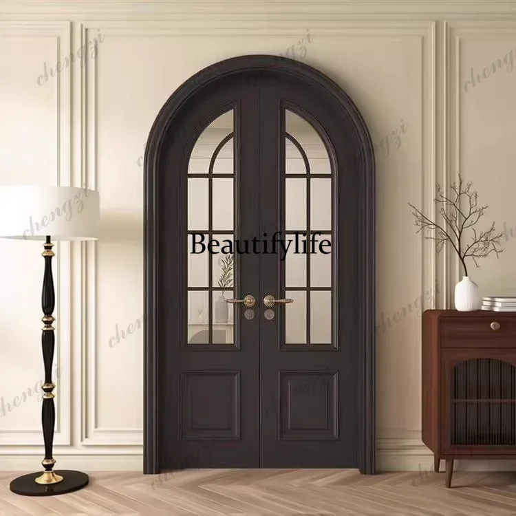 K153   Customization French Solid Wood Baking Paint Double Opening Glass Door, Original Wooden Door, Entrance Door, Indoor Door