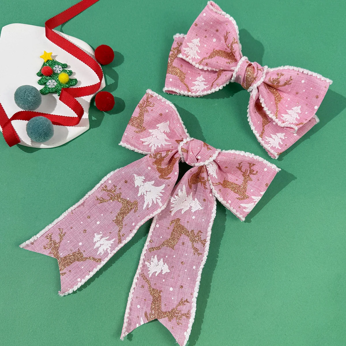 24pcs Cotton Bow Hair Clips Long Tassel Bow Hairpins for Women Girls Kids Christmas Tree Print Antlers Barrettes Headwear Bulk