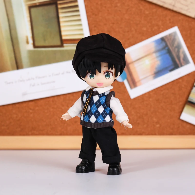 Ob11 Doll Clothes Diamond Grid British Style Vest Pants Set Doll Student Uniform Doll Hat For Ob11,Obitsu11,Molly,1/12 Bjd Doll