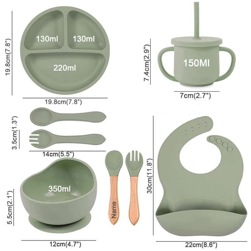 BPA Free Silicone Baby Feeding Set, Waterproof Bib, Sucker Bowl, Dinning Plate, Straw Cup, Garfo para crianças, Louça de mesa, Pratos seguros