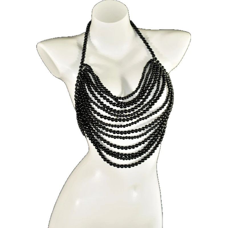 

Элегантная многослойная цепочка для тела из смолы с жемчугом, вечерние танцевальные шоу, топы с лямкой на шее, летнее бикини, укороченные украшения на грудь, сексуальная цепочка для тела