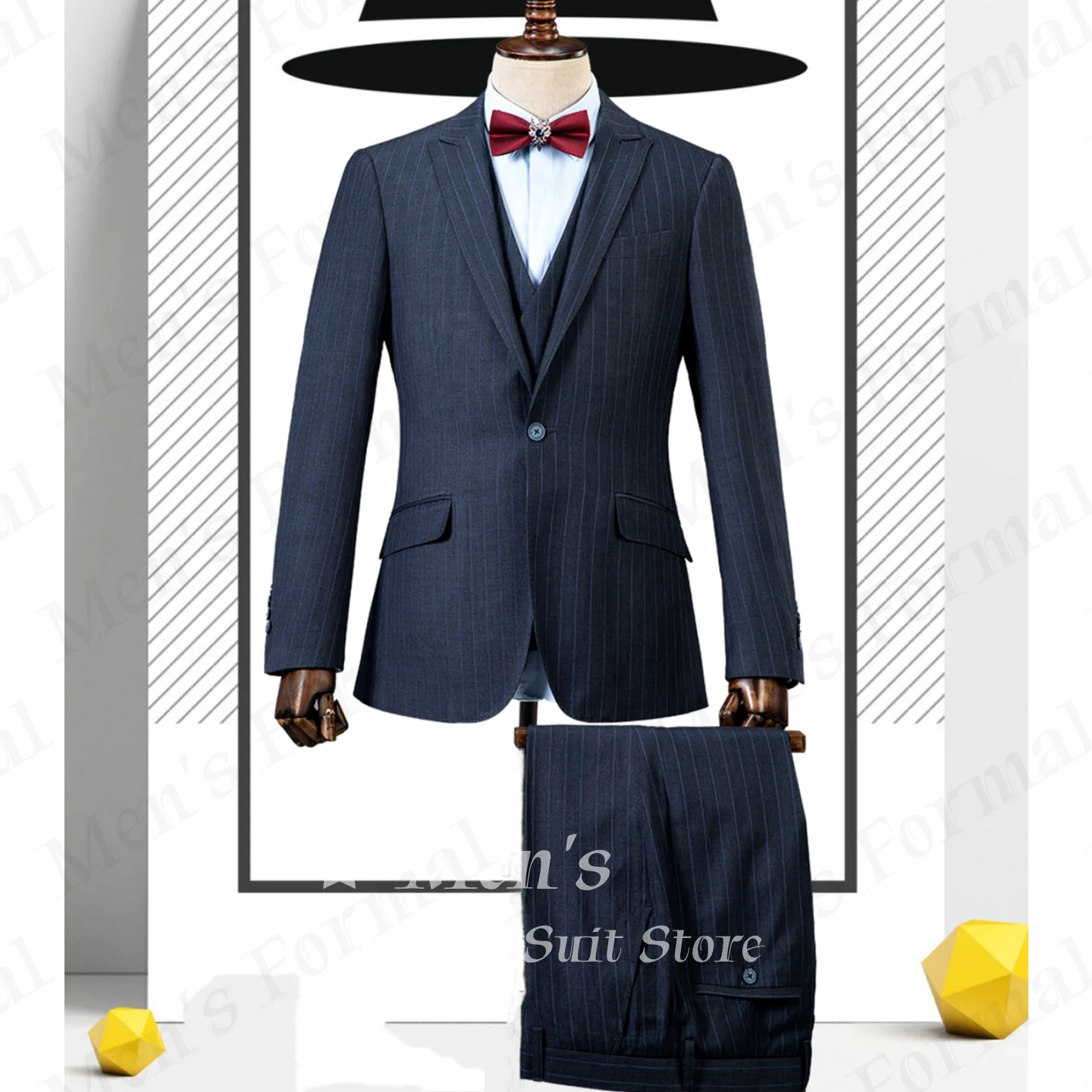 Mens Dark Navy Pinstripe 3 Piece Suit Jacket Matching Blazer Waistcoat Trousers Wedding Guest Full Suit Set Customized