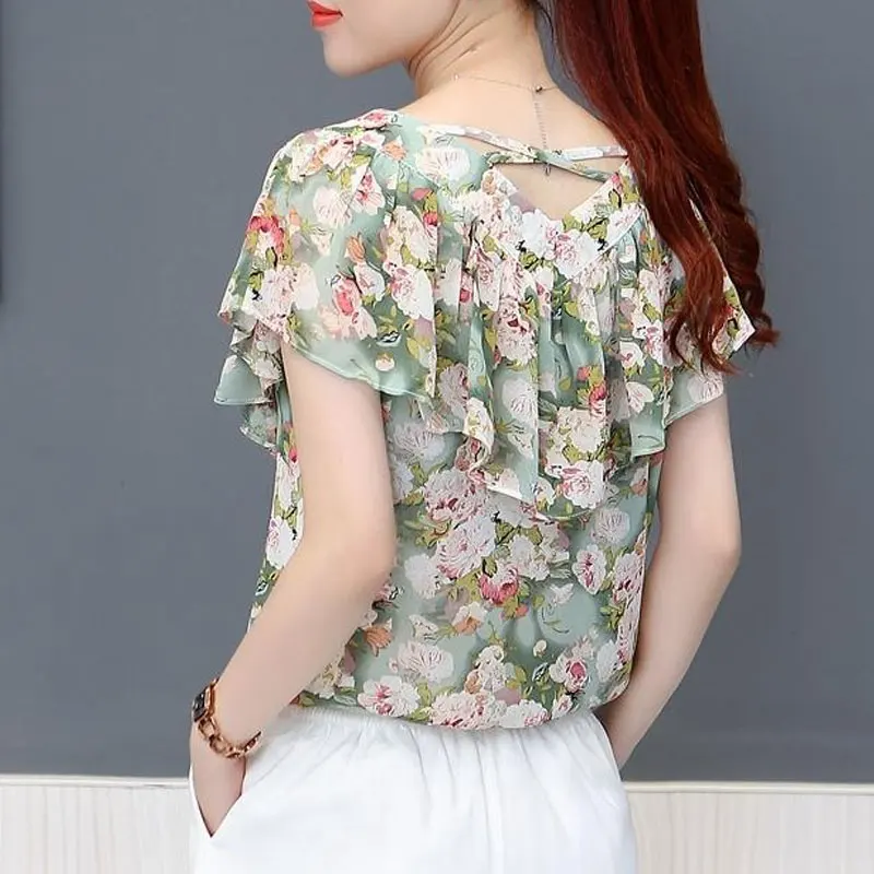 Office Lady Floral Printed Blouse 2023 Summer Straight Elegant V-Neck Women\'s Fashion Ruffles Spliced Short Sleeve Chiffon Shirt