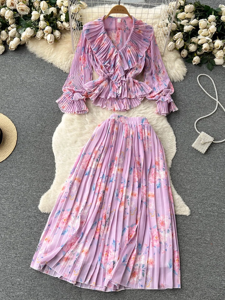 Frühling Herbst Chiffon fragmentierte Anzüge Sommer Rüschen Rand V-Ausschnitt Vintage Top 100 Falten halben Rock zweiteilige Sets Vestidos