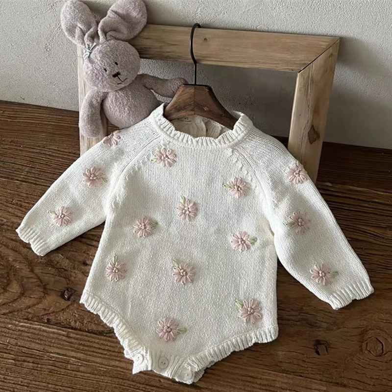 Body de punto para niñas pequeñas, mono de punto bordado dulce, peleles de algodón para primavera y otoño, ropa para niñas recién nacidas