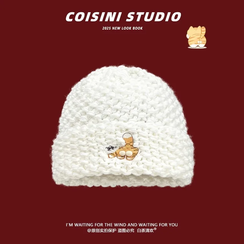 

Japanese Niche Design Cute Cartoon Cat Embroidered Beanies Cap Y2K Autumn Winter Thickened Warm Versatile Casual Women's Hats
