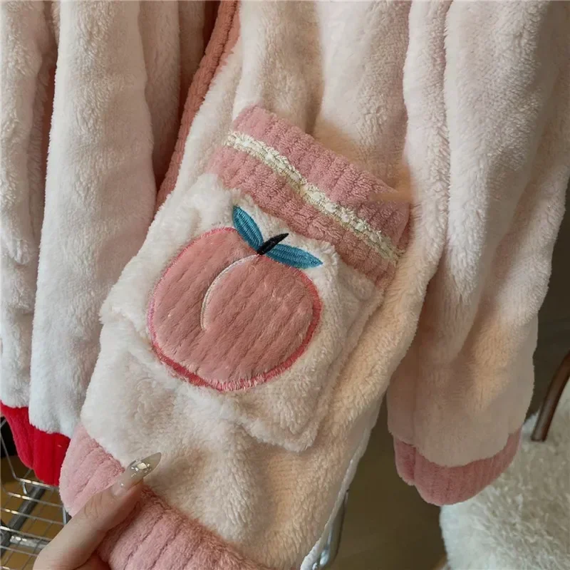 Honey Peach Print Sleepwear Women Pajamas Set Winter Fleece Velvet 2 Pieces Home Suit Sleep Fluffy Korean Piiama Warm Night Wear