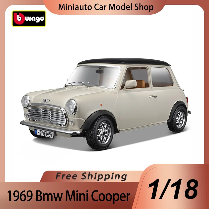 In Stock Bburago 1:18 1969 Bmw Mini Cooper Alloy Miniature Diecast Model 1969 Mini Cooper Retro Car Model Toy Kid Christmas Gift