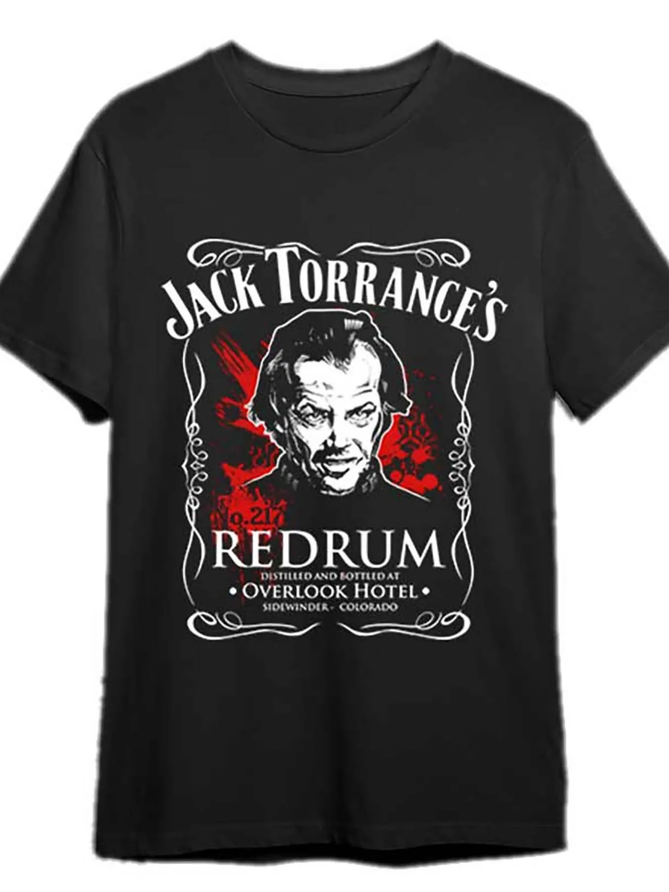 Men's Jack Torrance'The Shining' Themed T-Shirt - Black and Red Graphic Design, Colorado Hotel Elements and Iconic Character Faces