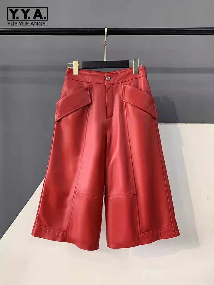Women Genuine Leather Pants High Waist Loose Fit Mid Calf Trousers Solid Color Spring Autumn Harajuku Sheepskin Wide Leg Pants