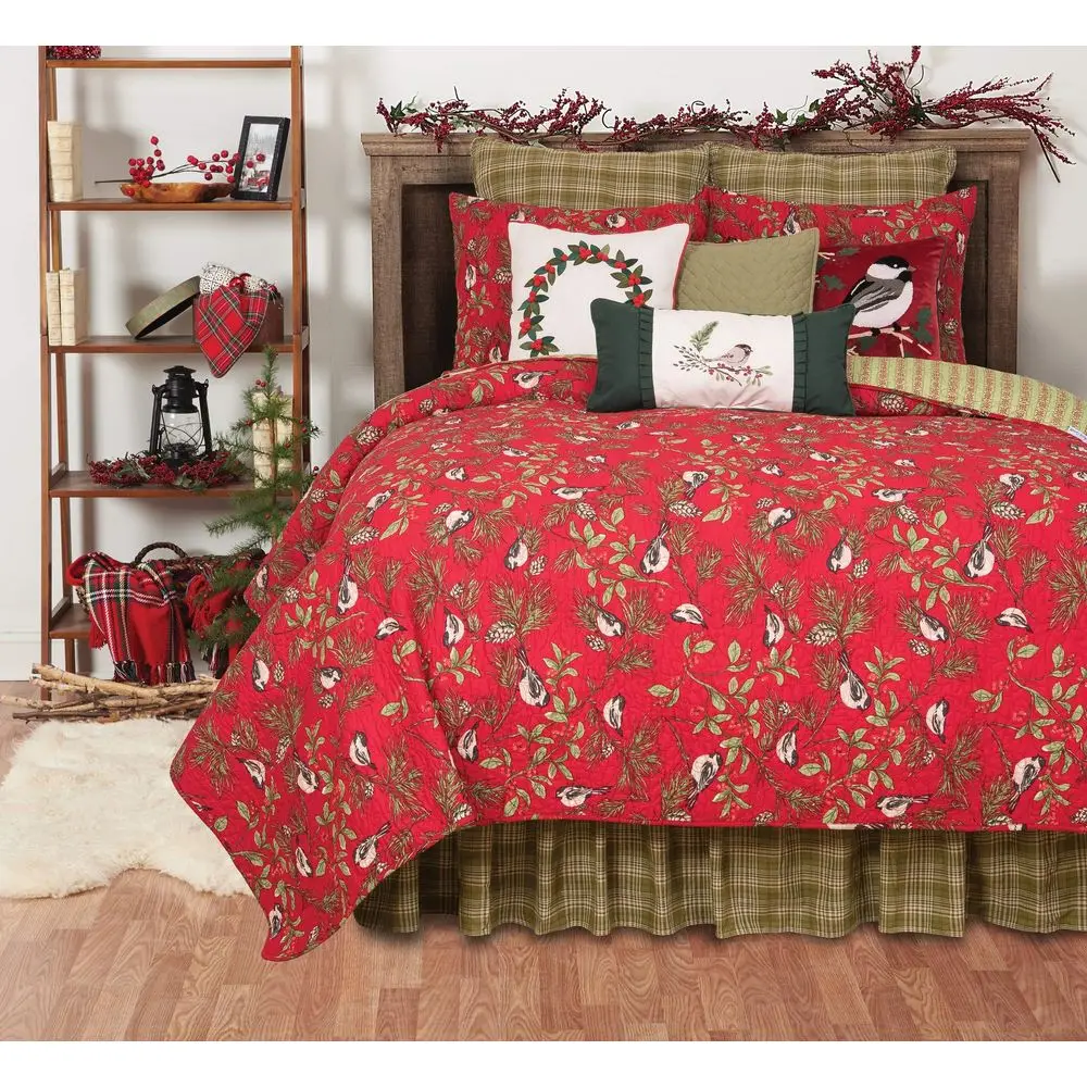 

Red Christmas Chickadee amp Pinecone Branches 3Piece 100 Cotton King Bed Quilt Set Xmas Festive Winter Holidays Reversible Mach