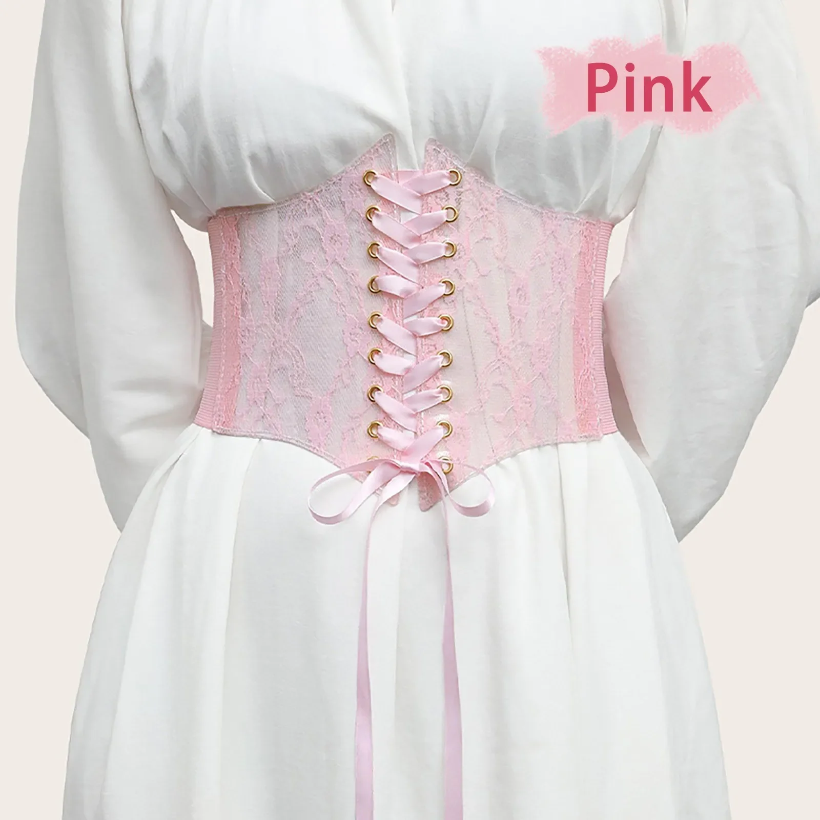 Female Pink Lace Corset Peplum Wide Waist Belt Fashion Magic Tape Bandage Lace Rope Tie Vintage Dress Belts Cosplay Costume