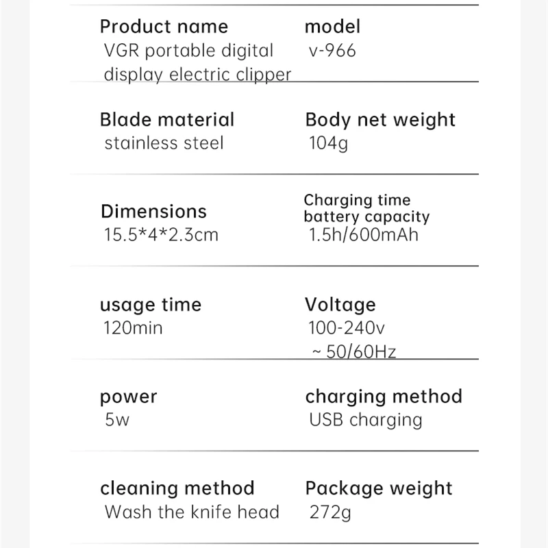 VGR V-966 Hair Clipper Electric Professional Personal Care Rechargeable Trimmer Haircut Barber Supplies USB LCD Machine VGR 966