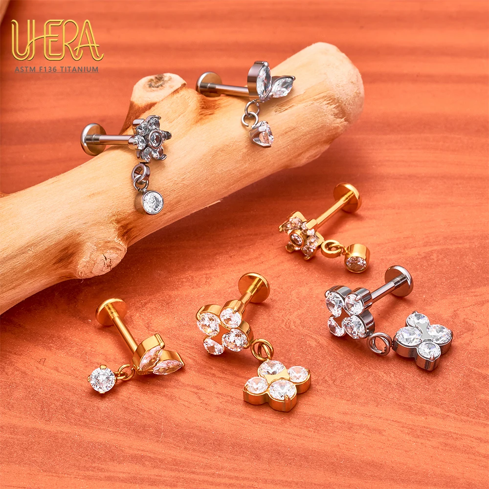 G23 ASTM F136 Titanium Internally Thread Labret Stud CZ Flower Leaf Zircon Tragus Helix Cartilage Ear Lip Body Piercing Jewelry