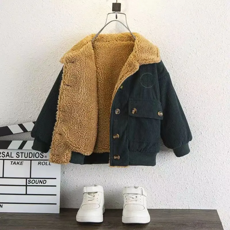 Boy Loose Coat Autumn Winter 2024 New Corduroy Thickened Add Velvet Tops Jacket Casual Simple Fashion Sweet Korean Cute Vintage