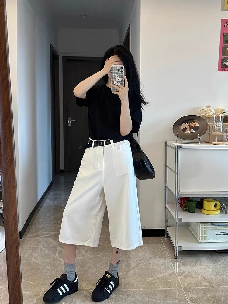 Jean blanc taille haute à jambes droites pour femme, fin, ample, jambes larges, décontracté, sept cinq pantalons, saison d'automne, tendance Faion