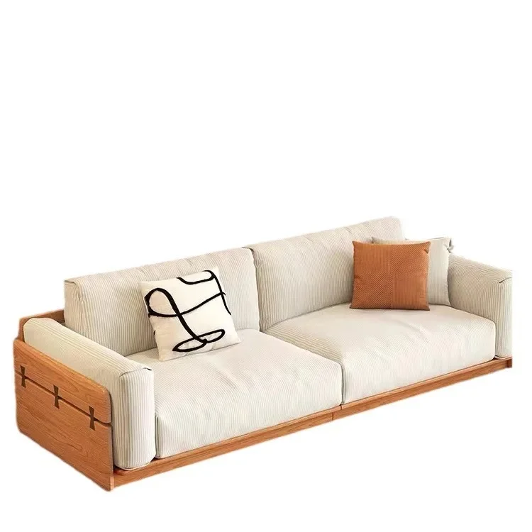 

North American all-solid wood sofa, small apartment log style, living room floor straight row of three people, corduroy fabric