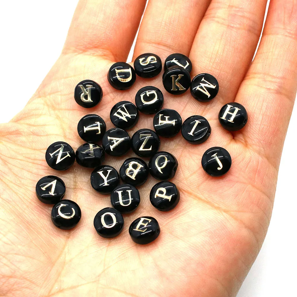 8mm A-Z Initial Letter Round Shell Bead Natural Black Resin Mother of Pearl Loose Letter Bead Jewelry Making DIY Accessories