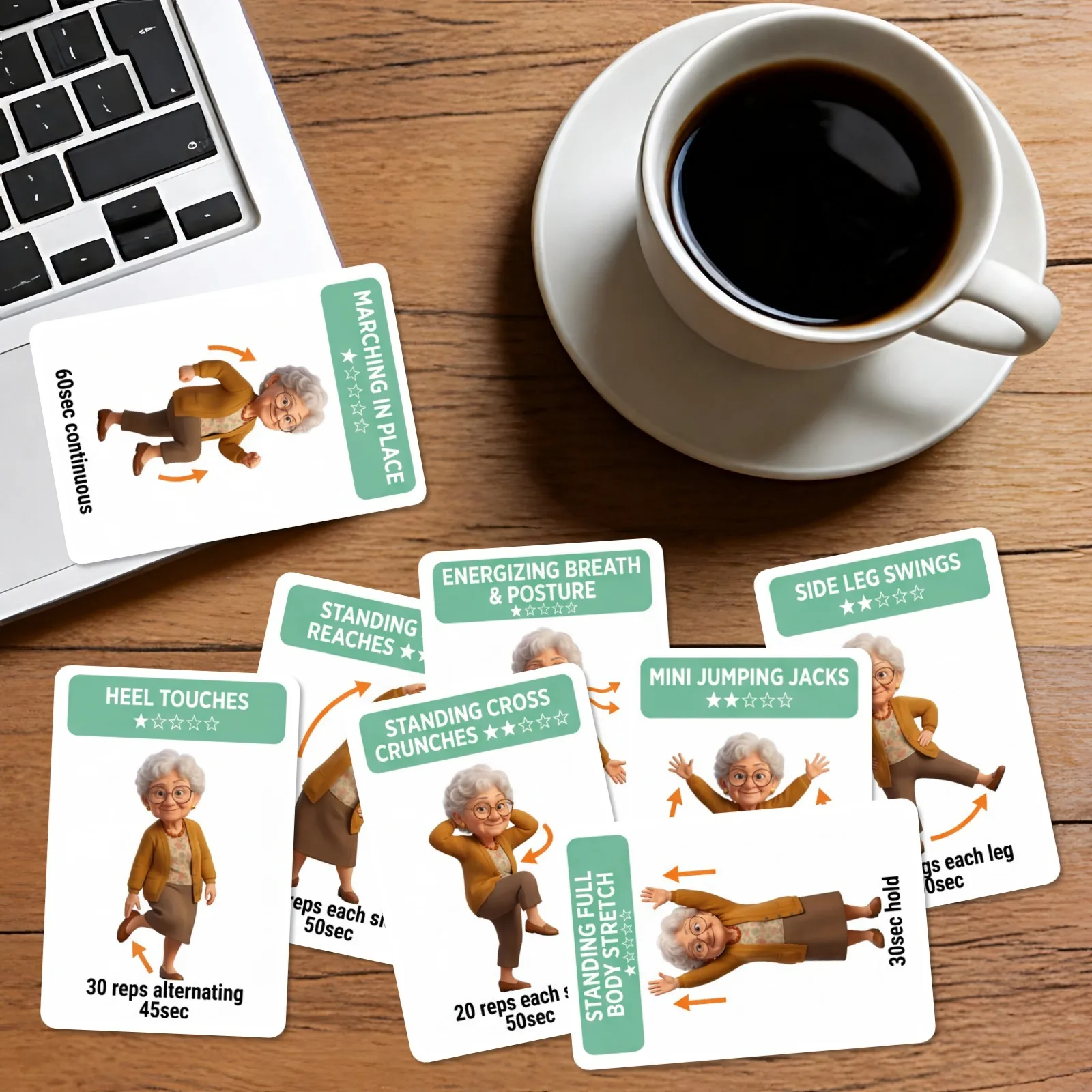 Home Workout Guide Cards Low Impact Movement Training for Seniors 18Pcs Large Print Balance Flexibility Exercise Set