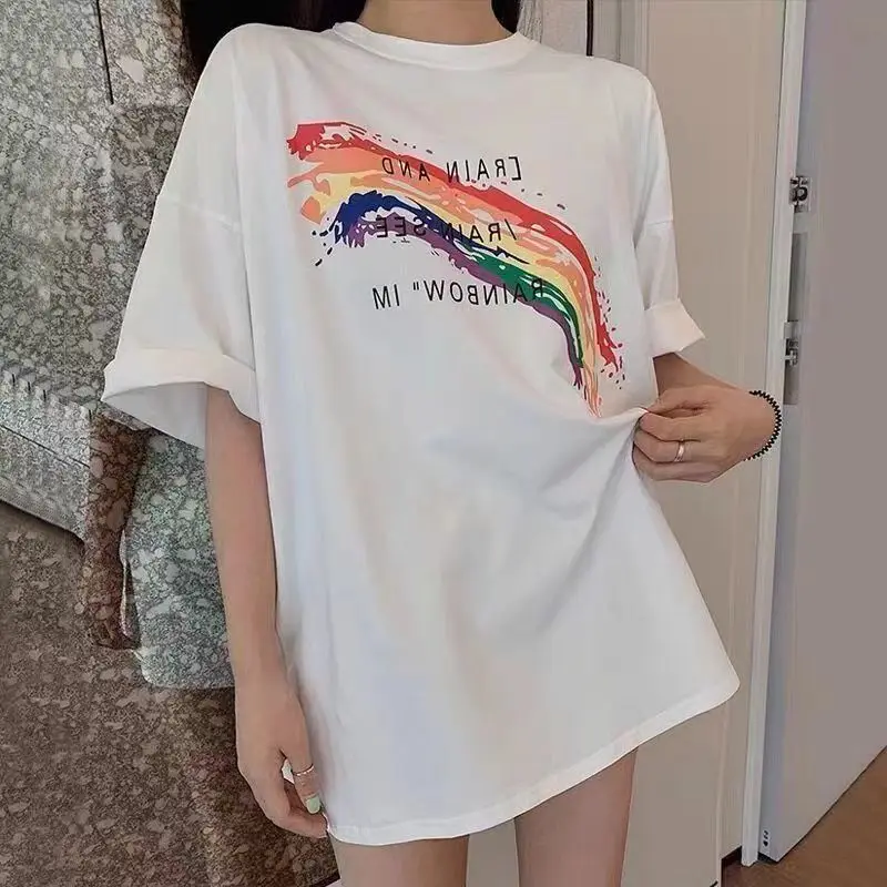 plus Size Women's Dress Cover Butt Loose Fit Korean Style Cotton T-Shirt Midi Dress Summer Fashion Casual High Waist