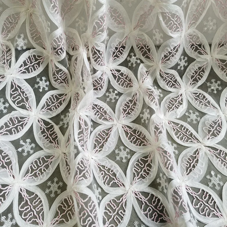 

New 3D mesh embroidered flowers with sequins, mesh fabric, sexy see-through women's dress designer fabric sewing material