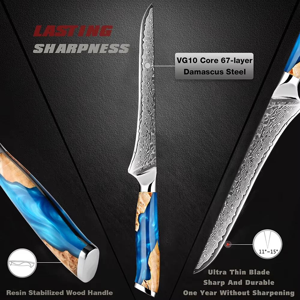 XITUO 67 Layer Damascus VG10 Steel Boning Knife Professional Boning Fillet Knife 6-Inch Boning Knife Resin Stable Wooden Handle