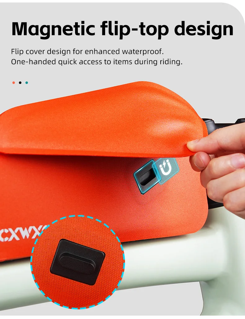 CXWXC Fahrrad-Tasche mit magnetischem Deckel, Oberrohrtasche mit Schrauben montiert und Riemen, Zwei-Wege-Installation, MTB, Rennrad, wasserdichte Frontrahmentasche – Detail 7