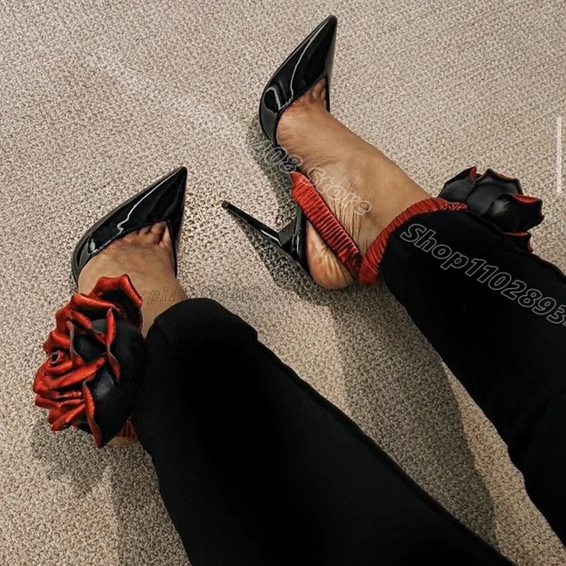 

Black Flower Decor Stiletto Pumps Pointed Toe Elegant British Style New Stylish Party for Women Shoes 2025 Zapatos Para Mujere