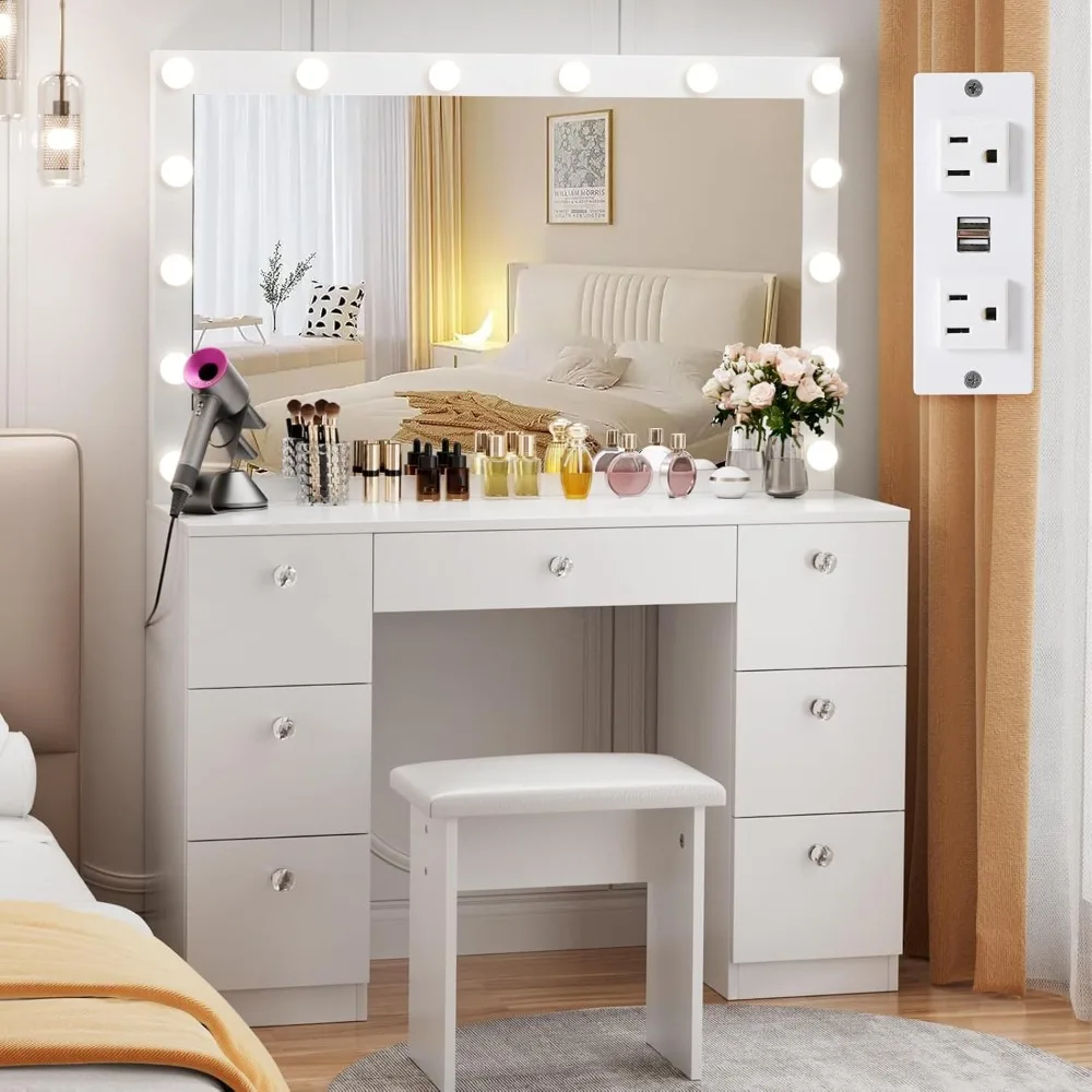 

Vanity Makeup Desk W/Lighted Mirror - Power Outlet Soft Cushioned Stool and 7 Drawers,3 Color Lighting Modes Adjustable,Vanity