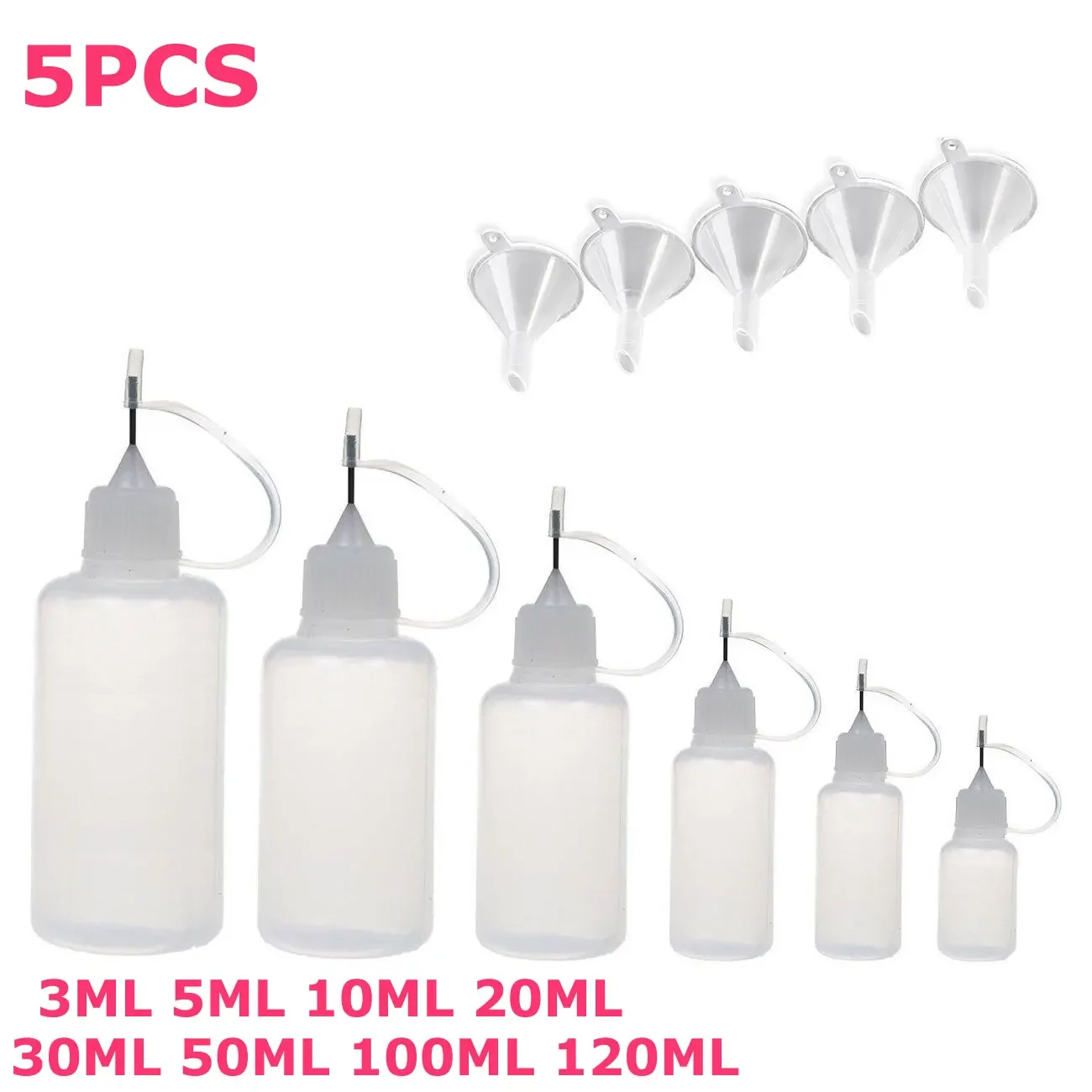 5PCS X 5ML-120ML 플라스틱 빈 짜기 Dropper 병 강철 바늘 팁 + 미니 깔때기가있는 접착제 용기