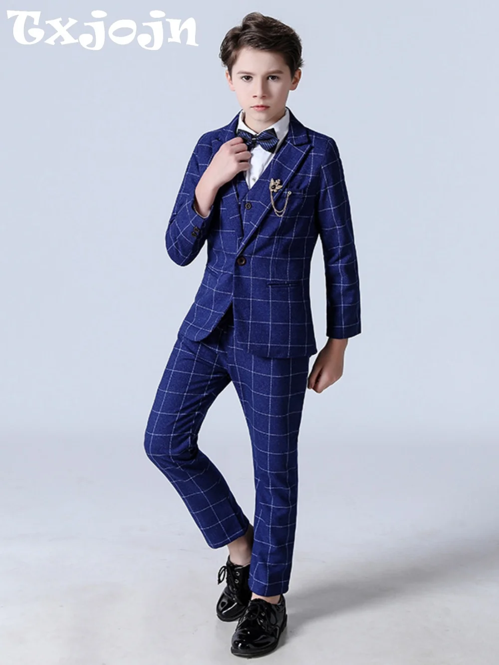 Blue Elegant Plaid Suit Set 5 Pieces Piano Performance Outfit Handsome Smart Boys Slim Fit Suits Banquet Party Wear 110-160cm