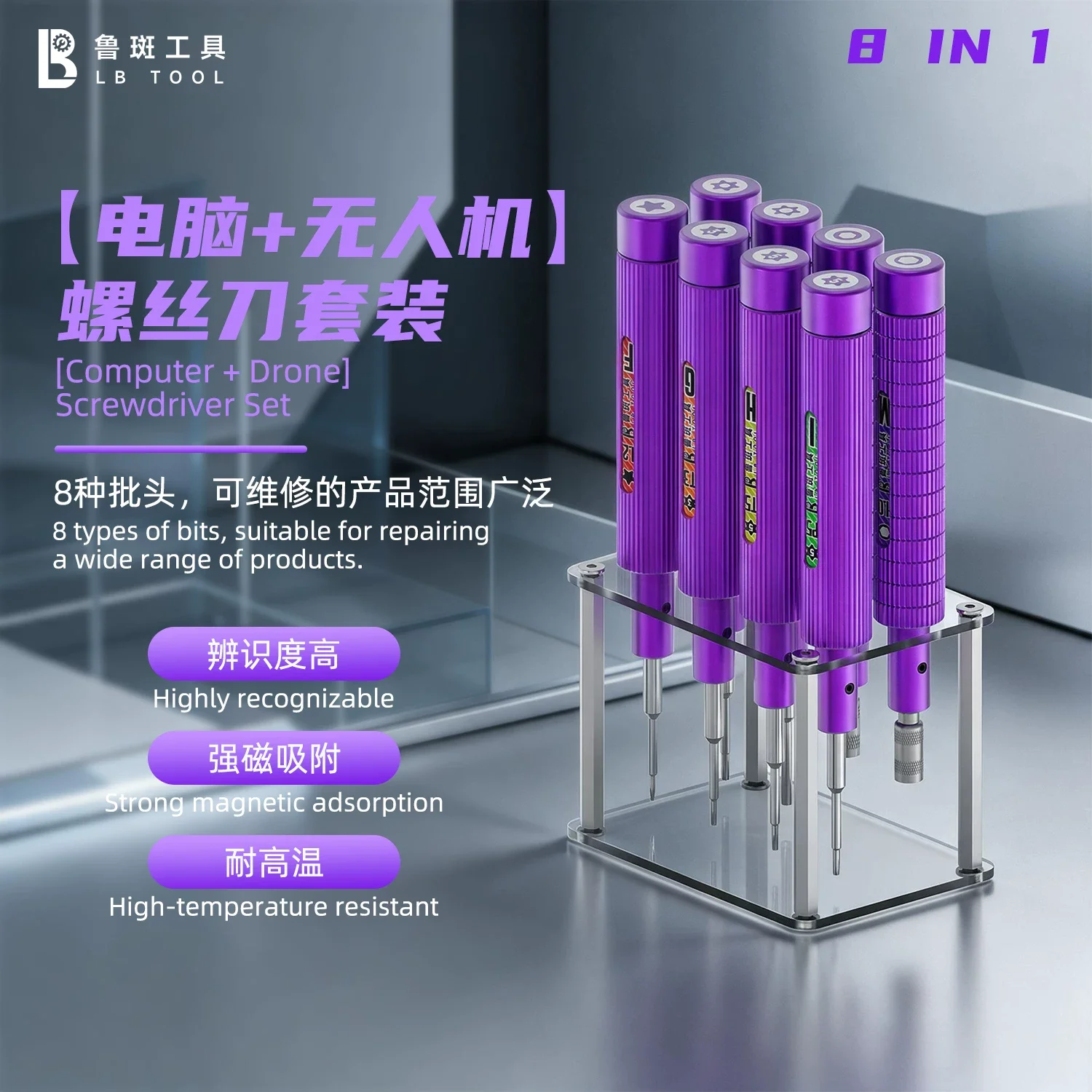 Luban Tool 8‑in‑1 Precision Magnetic Screwdriver Set, Strong Magnetic Bit Kit for Laptop, Drone, Cell Phone Electronic Repair