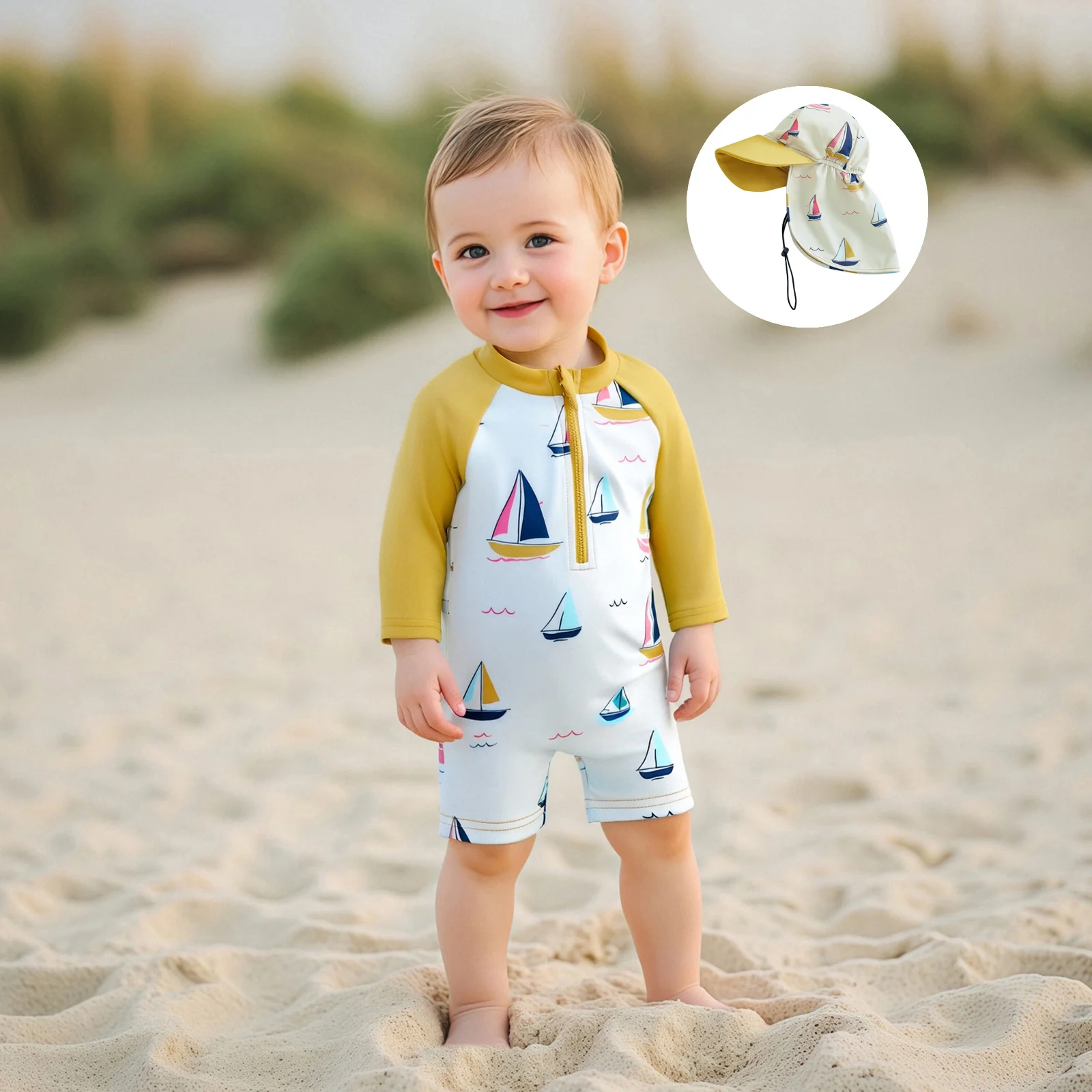 Toddler Boy Rash Guard Swimwear with Hat 2Pcs Set Sailboat Print Zip Up Long Sleeve Crew Neck Swimsuit Romper for Beach Pool