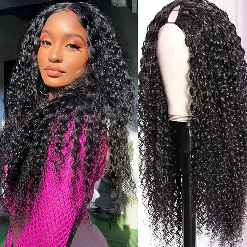 V Part Curly Wave Wigs Human Hair Brazilian Upgrade Wigs Machine Made 200% Density Human Hair Wigs Curly Deep Wave For Black Women