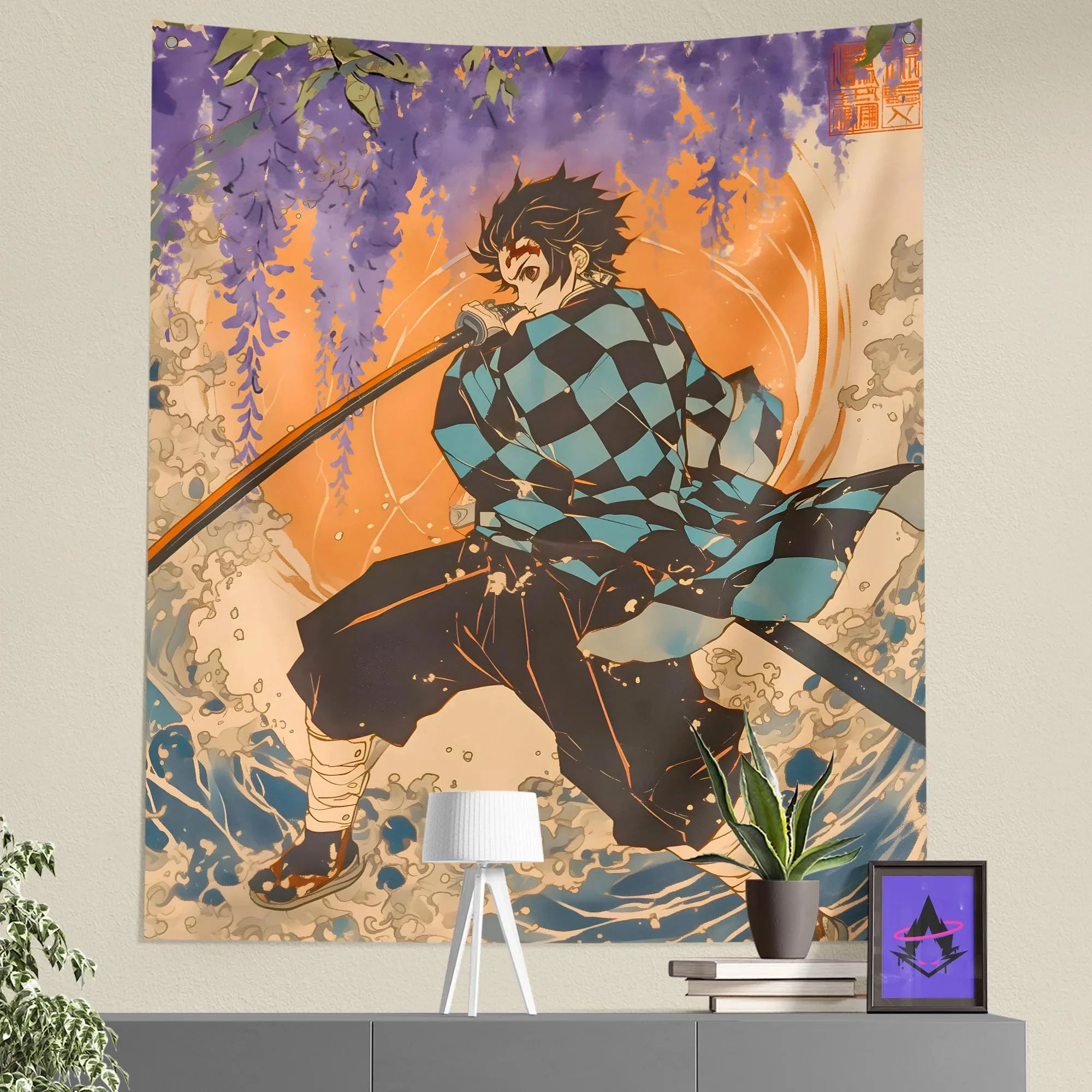 Tapiz colgante de pared de anime japonés con estampado de guerrero Nichirin, decoración de anime, regalos de anime, decoración de habitación de anime, perfecto para otakus y fanáticos.