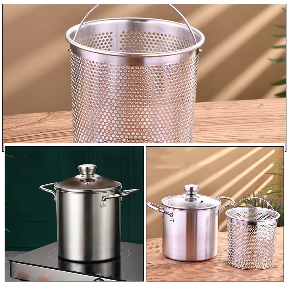 1 Juego de olla para freír de acero inoxidable, cesta para freír, suministros de cocina, sartén multifuncional de calentamiento rápido