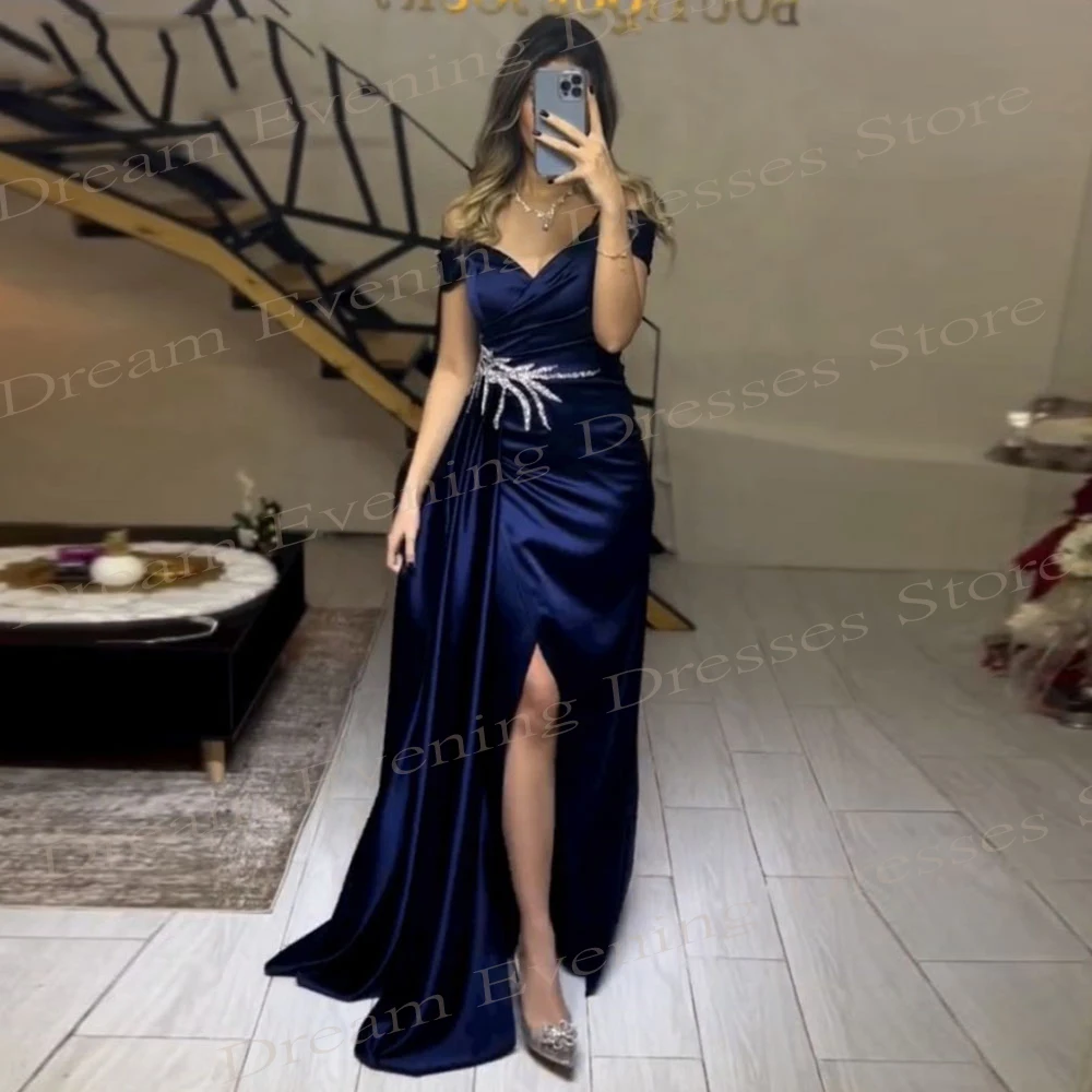 Vestidos de Noche modernos de sirena para mujer, vestidos clásicos con hombros descubiertos y cuentas, vestido de graduación dividido, Azul Real