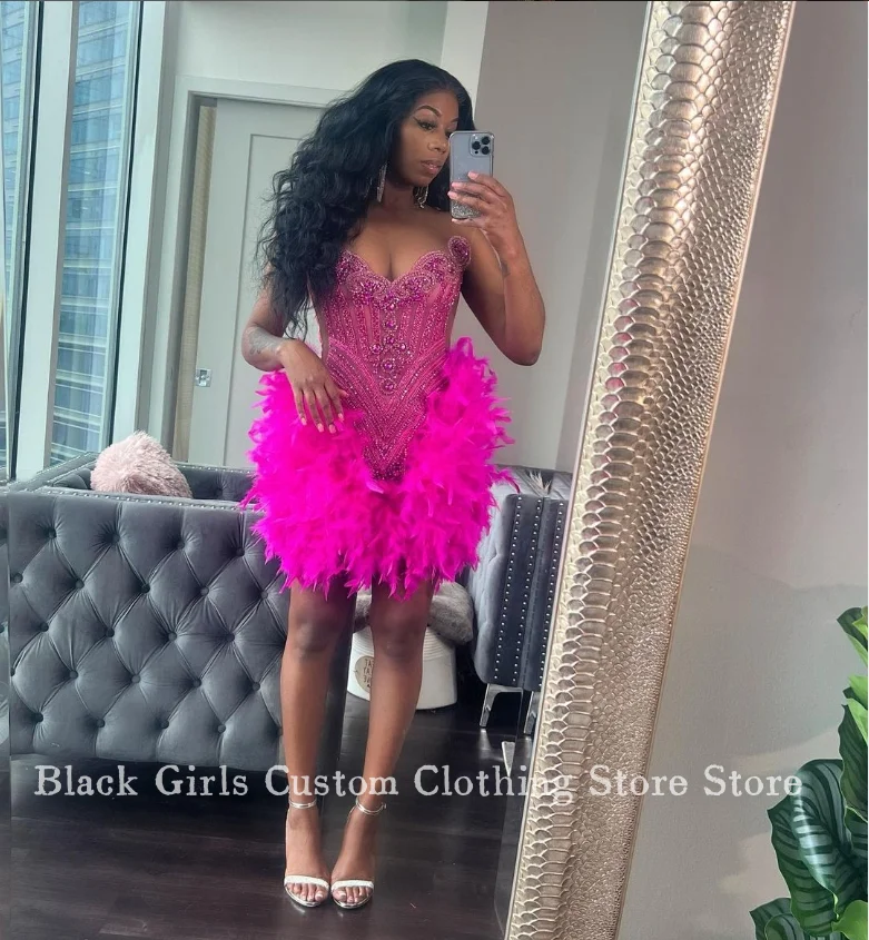 Glitter Feather Homecoming Party Dress 2024 Rose Pink Diamante Prom Celebrity Gowns Black Girls Party Dresses robe de soirée