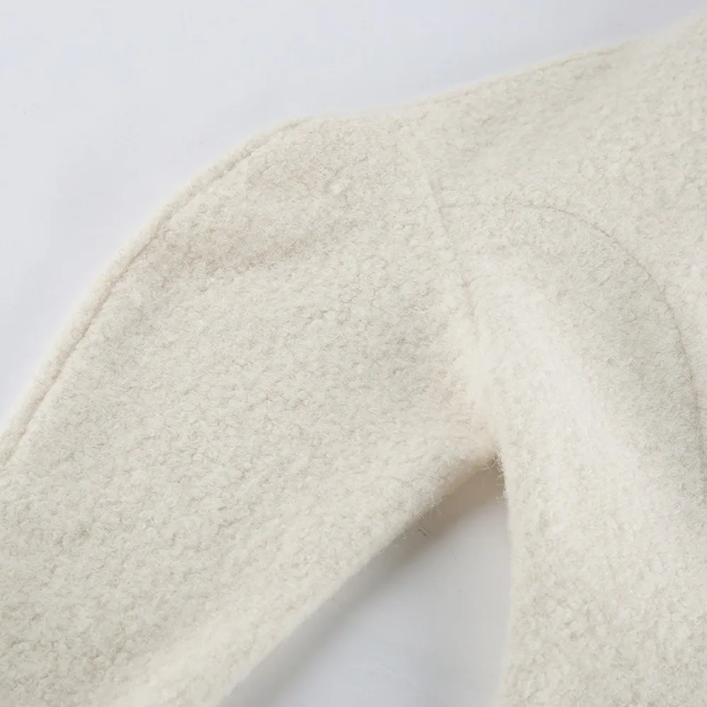 Short Length Women Short Wool Coat Fitted Waist Bubble Sleeve Wrap Neck Overcoat Bubble Sleeve Outerwear Daily Street Wear